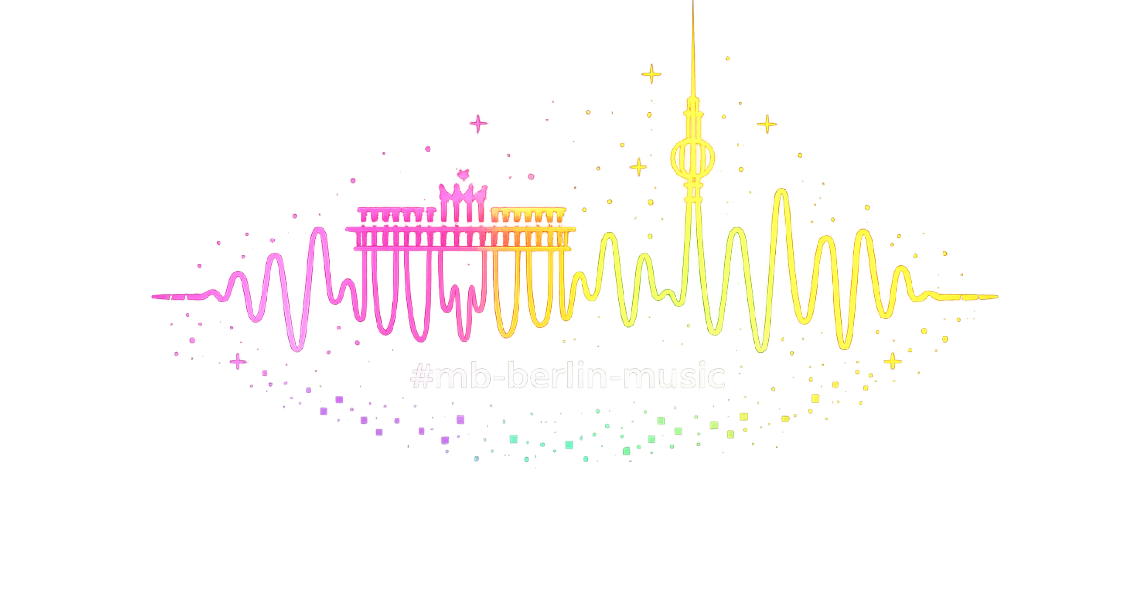 Illustration einer Stadtsilhouette mit einem Geb&auml;ude und einem Turm, umgeben von einer wellenf&ouml;rmigen Linie in Rosa und Gelb auf wei&szlig;em Hintergrund.